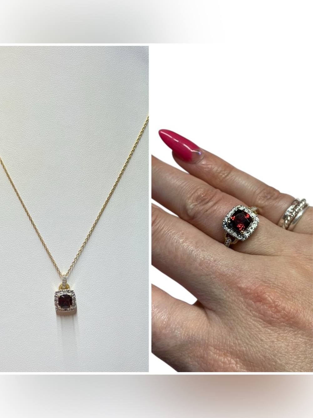 Vintage Gold Plated Red Gemstone Necklace Pendant and Ring Set